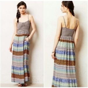 Anthropologie Striped Boho Maxi Dress in Gray, Blue, Mint & Brown